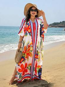 Swim Lushoire Plus Size Women Leaf Print Split Design Casual Vacation Kimono Robe - Multicolor - View 2