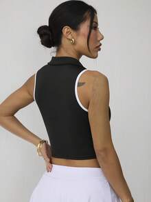 CourtClass Women's Trimmed Daily Fitness Cropped Sports Yoga Polo Tank Top - Black - View 2