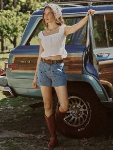 WESTFADE Pantalones cortos de tela vaquera de mezcla de algodón de talle medio con bordado de frutas mixtas, ajuste holgado, bajo deshilachado, para primavera, ropa de resort, verano, vacaciones, playa, festival, casual, lindo, bohemio, Nashville, vaquera, rodeo, atuendo para conciertos de música country, ropa occidental para mujer, mercado de agricultores, picnic - Lavado ligero - Ver 3