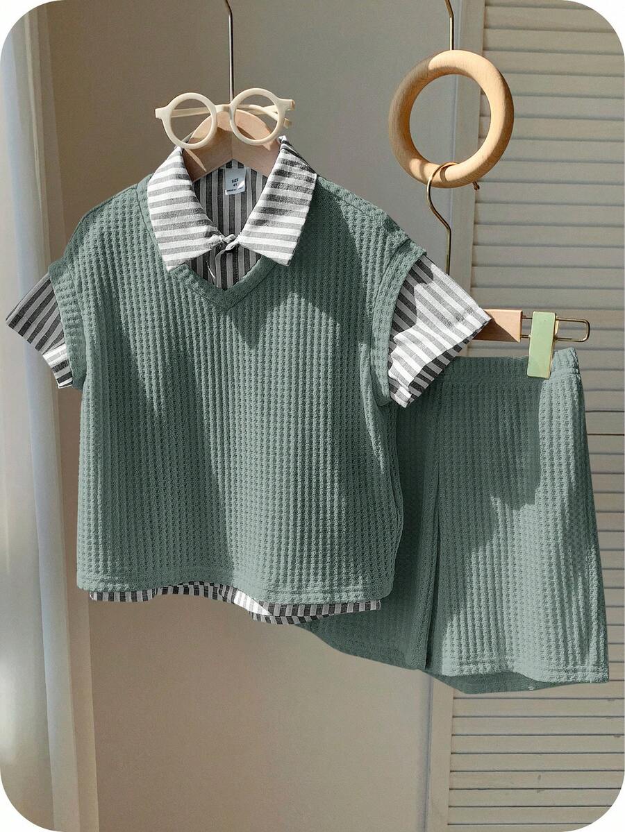 SHEIN 男童休闲校服三件套，包括背心、条纹衬衫和短裤，适合生日派对、晚宴、演出、婚礼、学校活动、洗礼、一周岁生日庆祝、迎婴派对等场合，春夏秋季皆宜。