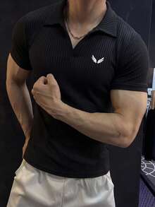 GymBeat Men's Wing Print Short Sleeve Sports Polo T-Shirt - Black - View 6