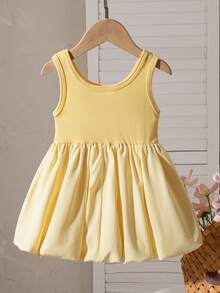 SHEIN Playful Pals 女宝宝夏季新款束腰蝴蝶装饰复古花瓣袖公主裙 - 黃色 - 查看 3