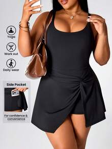 Rhythm Era Plus Size Solid Color Backless Twist Wrap Sports Dress Plus Size Dresses For Women Plus Size Workout Dress - Black - View 1