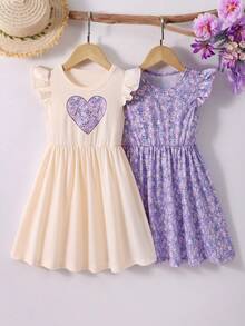 Genkimix Kids 2 piezas/paquete Vestidos con mangas de volantes con estampado de flores diminutas lilas para niña joven - Púrpura malva - Ver 7