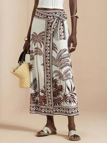 Vesra Chân váy quấn thắt eo in hình cây dừa mơ dành cho nữ, thích hợp cho kỳ nghỉ. - Màu be - Xem 1