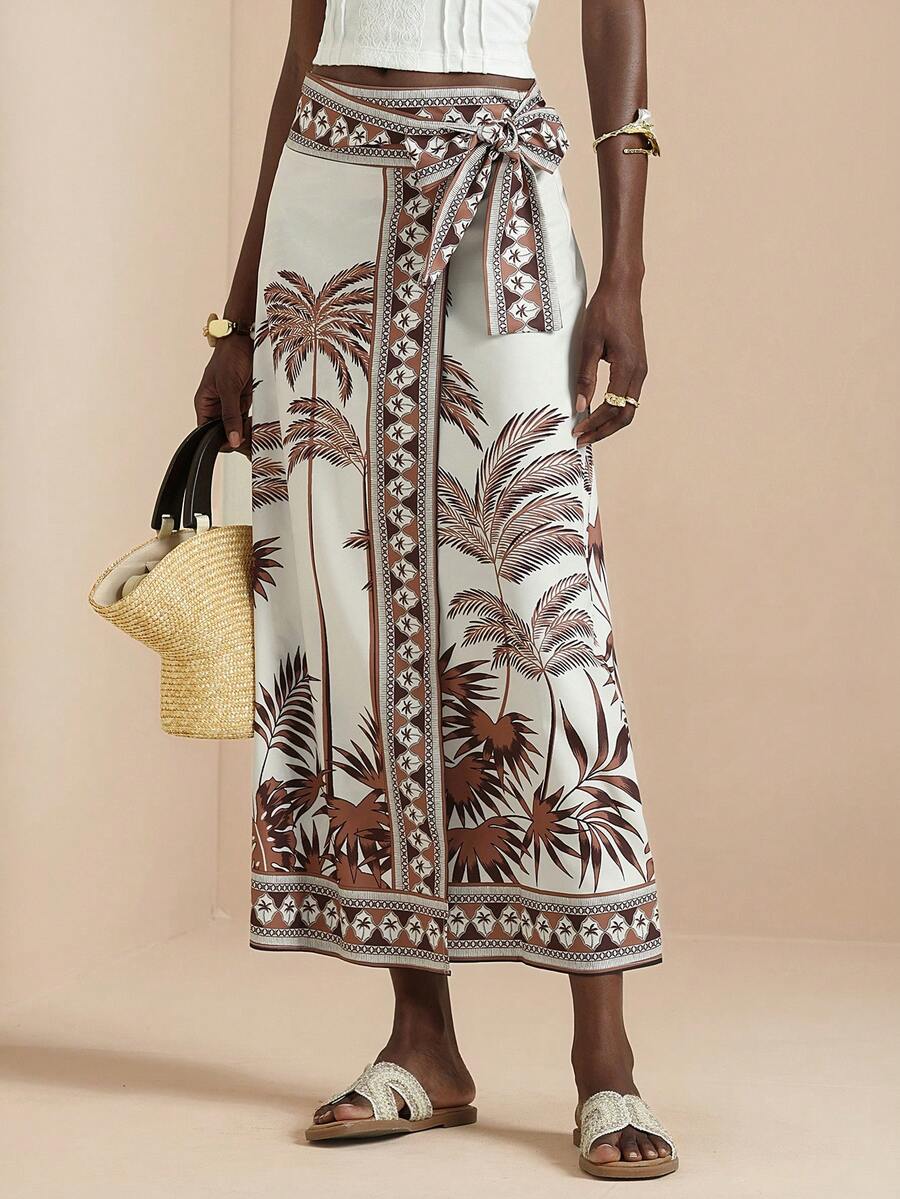 Vesra Chân váy quấn thắt eo in hình cây dừa mơ dành cho nữ, thích hợp cho kỳ nghỉ. - Màu be - Xem 1