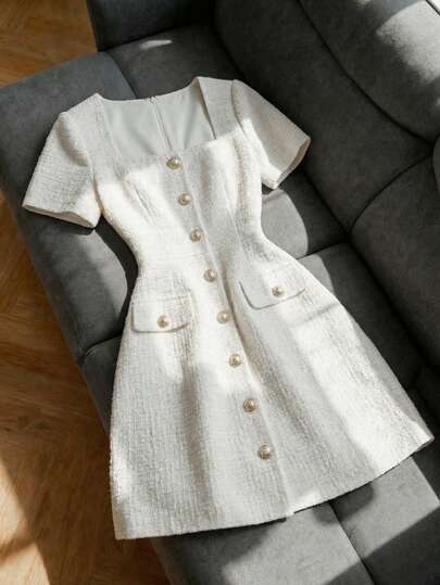 Franclia Women's Dress, Women's Mid-Length Versatile Floral Dress, Short-Sleeved Square Neck Buttoned Faux Pocket Design, Double-Layered Short Dress, Solid Color White Floral Romantic Valentine's Day Outfit, Casual Date, Seaside Summer Vacation, Zipper-Adjustable Waist Dress. White Blazer Dress Suit Dress French Style Dress Luxury Clothes For Women White Suits For Woman Button Dress Skirt Suit White Elegant Dress Women White Vintage Dress Tweed Dress Short Sleeve White Dress