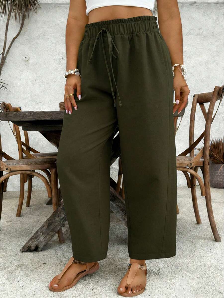 SHEIN VCAY 大码女式纯色抽绳腰休闲百搭日常裤 - 軍綠色 - 查看 1