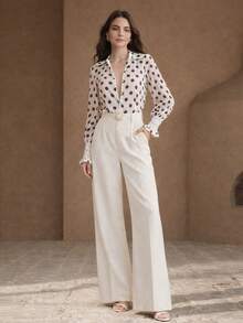 Anewsta 女士新款春夏复古波点优雅衬衫，亚麻绳编珍珠纽扣花瓣袖褶皱袖口白色衬衫，职业休闲知性风格 - 白色 - 查看 4