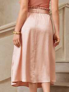 VOLUPTÉ CURVE Plus Size Summer Pink High Waist Textured Paneled A Line Ruffle Blush Tea Fabric Long Elegant Formal Skirt For Graduation Vacation Party - Baby Pink - View 3