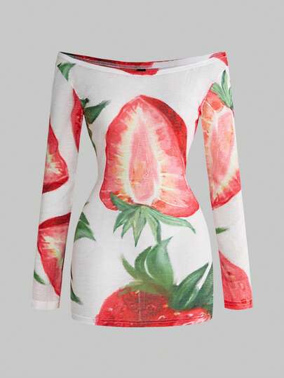 Sweetness Top de cobertura con hombros descubiertos con estampado de fresa transparente y dulce y picante para mujeres de la Isla Resort