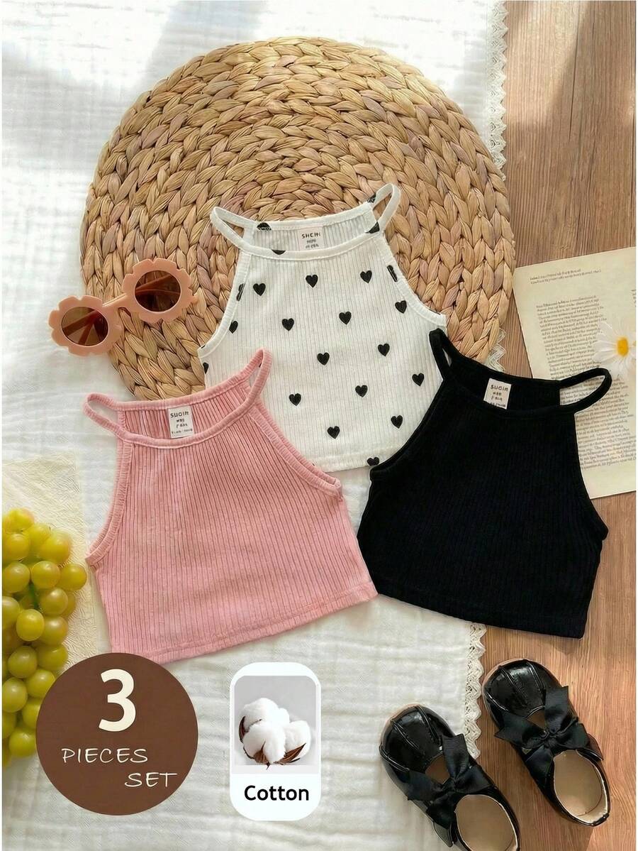 LMoss Kids 3pcs Baby Girl Solid Color Knitted Sleeveless Vest Top Set - Multicolor - View 1