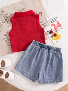 Elladie kids 2件套女童夏季新款杏色纹理针织面料领口拼接草莓装饰背心上衣和牛仔裙裤荷叶边草莓刺绣复古可爱套装 - 彩色 - 查看 2