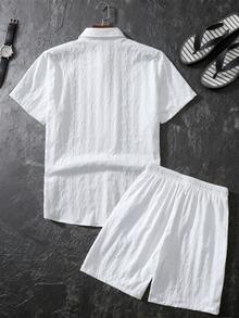 Manfinity Homme Men's White Summer Casual Vacation Holiday 2 Pieces Set,Solid Color Textured Short Sleeve Button Up Shirt And Drawstring Shorts,Linen Resort Wear - White - View 2