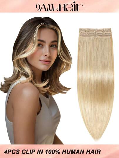 4 件装 8 个夹子直发接发 100% 真人发色 P27/613# 金色挑染浅金色 12-18 英寸双纬隐形夹发接发雷米天然真人发适合女性女孩日常全头使用