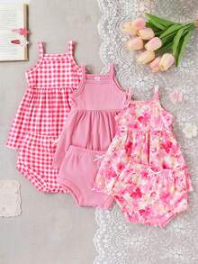 SHEIN Playful Pals 3套嬰幼女童可愛細肩帶背心上衣&短褲套裝 白色夏季度假節日 碎花格紋素色荷葉邊 聚酯纖維套裝 - 彩色 - 查看 3