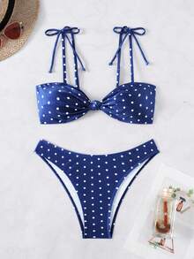 Swim Basics 女士黑白波点印花扭结系带比基尼套装，休闲度假款 - 藏蓝色 - 查看 1
