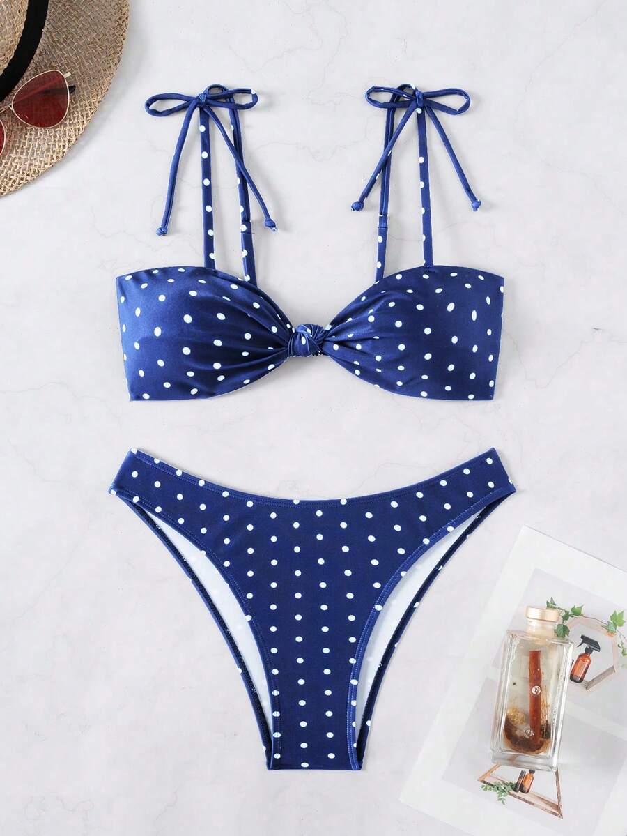 Swim Basics 女士黑白波点印花扭结系带比基尼套装,休闲度假款 - 藏蓝色 - 查看 1