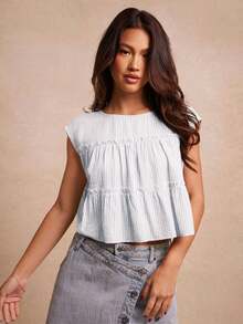 WESTFADE Blusa texturizada listrada com gola redonda, mangas curtas e babados em camadas, ideal para a volta às aulas. Roupa fofa para o outono, estilo country e verão. - Azul e branco - Ver 5