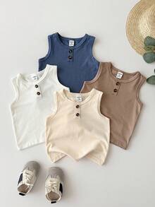 SHEIN Playful Pals 4 peças/Conjunto Colete Regata Branco de Malha Liso para Meninos Bebê, Casual, Combinando com a Família, Botões Decorativos, Pacote Múltiplo de Tricô para 6 Meses a 3 Anos - Multicolorido - Visão 4