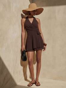 Zivah's Spring/Summer 2026 Collection Is Suitable For A Variety Of Occasions, Including Music Festivals, St. Patrick's Day, Valentine's Day, Dates, Western Themes, Nomadic Styles, Birthdays, Graduation Parties, Campus Life, Everyday Casual, Versatile Pieces, Casual Wear, Cruise Travel, Beachwear, Sunbathing, Streetwear, Wedding Guests, Bohemian Style, Commuting, Brunch, Airport Wear, Parties, Holiday Travel, Office Wear, And Resort Wear. This Dark Brown Chiffon Casual V-Neck Backless Side-Tie Loose-Fitting Mini Dress Is A Women's Summer Dress. - Brown - View 3