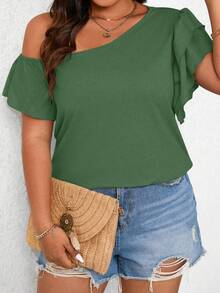EMERY ROSE Plus Size Women Solid Color Ruched Asymmetrical Shoulder Casual Versatile Daily T-Shirt - Green - View 5