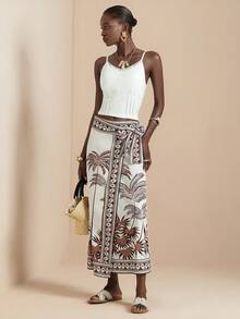 Vesra Chân váy quấn thắt eo in hình cây dừa mơ dành cho nữ, thích hợp cho kỳ nghỉ. - Màu be - Xem 5