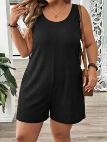 EMERY ROSE Summer Casual Minimalist Textured Fabric Black Plus Size Women Jumpsuit - Black - View 3