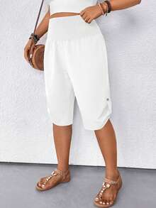 Linhara CURVE Women's Casual Drawstring Waist Bermuda Shorts, Slimming And Versatile - White - View 3