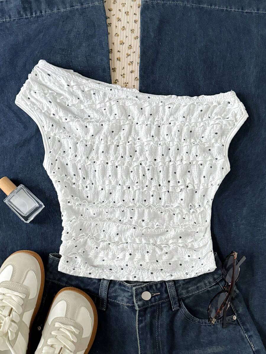 SHEIN 少女休闲简约舒适不对称波点腰部褶皱设计吊带背心 - 白色 - 查看 1