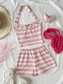 SHEIN Tween Girls' Casual Striped Tank Top And Shorts Set, Comfortable And Minimalist - Pink - View 4