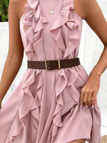 SHEIN LUNE Plus Size Women's Elegant Brown Ruffle Splice Dress, Suitable For Beach Vacation, Backless Tie-Up Design Summer - Pink - View 1