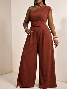 Truni 大码女装春夏新品，适合音乐节、复活节、圣帕特里克节、西部风、游牧风、生日派对、毕业典礼、校园、学生、日常休闲、度假、邮轮、海滩、日光浴等场合，畅销款，街头时尚，不对称设计，亚麻质感棕色无袖连体裤 - 鏽棕色 - 查看 3