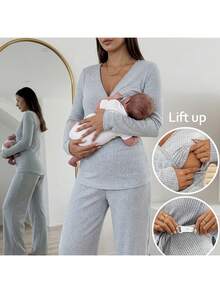 Bộ 2 áo thun dài tay trơn có gân cho bà bầu và quần cạp chun điều chỉnh thường ngày - Xám - Xem 1