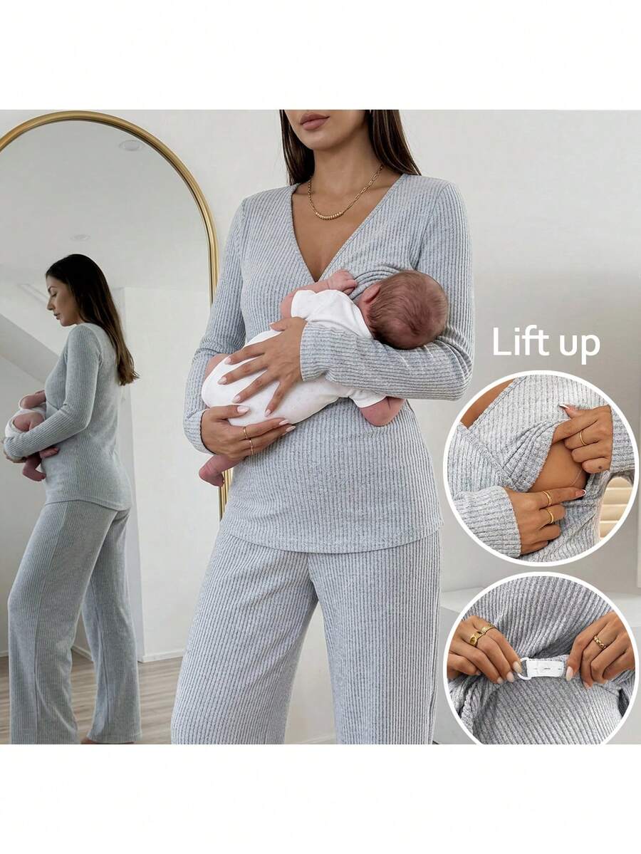 Bộ 2 áo thun dài tay trơn có gân cho bà bầu và quần cạp chun điều chỉnh thường ngày - Xám - Xem 1