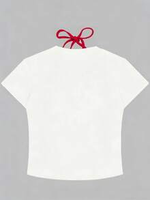 SHEIN Camiseta de manga corta con cuello redondo y lazo, con estampado de leopardo y estrella de mar, ajustada, para mujer de talla grande, de ajuste regular y cuello de tripulación, casual - Blanco - Ver 2