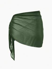 Swim Basics Váy sarong xếp ly xoắn mỏng màu trơn, thích hợp cho mùa hè đi biển. - xanh quân đội - Xem 2