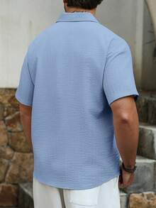 VENTUSAIL Men's Casual Solid Color Single-Breasted Textured Loose Drop Shoulder Short Sleeve Pocket Shirt, Suitable For Summer, Holiday - Blue - View 2