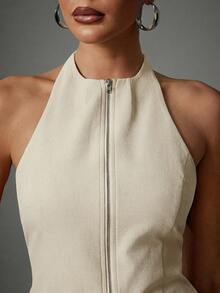 Hauture Women's Sexy Casual Solid Color Zipper Front Backless Halter Neck Sleeveless Top - White - View 5
