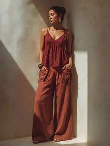 Zivah 2026 Vacation Casual Distinctive Tie Pocket Super Loose Deep Red-Brown Pants Working Pants For Women Wrap Around Pants Women S Work Clothes For The Office Women S Tall Trousers - Rust Brown - View 5