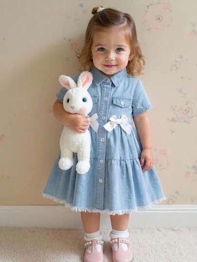 SHEIN Playful Pals 女童牛仔连衣裙 春夏新款 甜美可爱 浅蓝色水洗牛仔衬衫领 短袖 双层荷叶边下摆 白色蝴蝶结装饰 舒适优质棉质牛仔布 日常基础款 上学装 度假装 春夏童装 女童牛仔连衣裙 儿童女童连衣裙