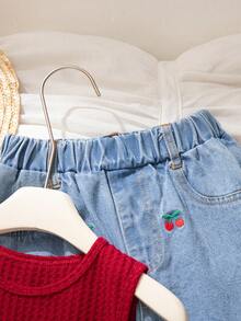 两件套少女夏季新款华夫格无袖背心，搭配3D樱桃图案上衣和宽松长款牛仔裤，甜美度假装 - 紅色 - 查看 6