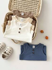 SHEIN Playful Pals 4 peças/Conjunto Colete Regata Branco de Malha Liso para Meninos Bebê, Casual, Combinando com a Família, Botões Decorativos, Pacote Múltiplo de Tricô para 6 Meses a 3 Anos - Multicolorido - Visão 7