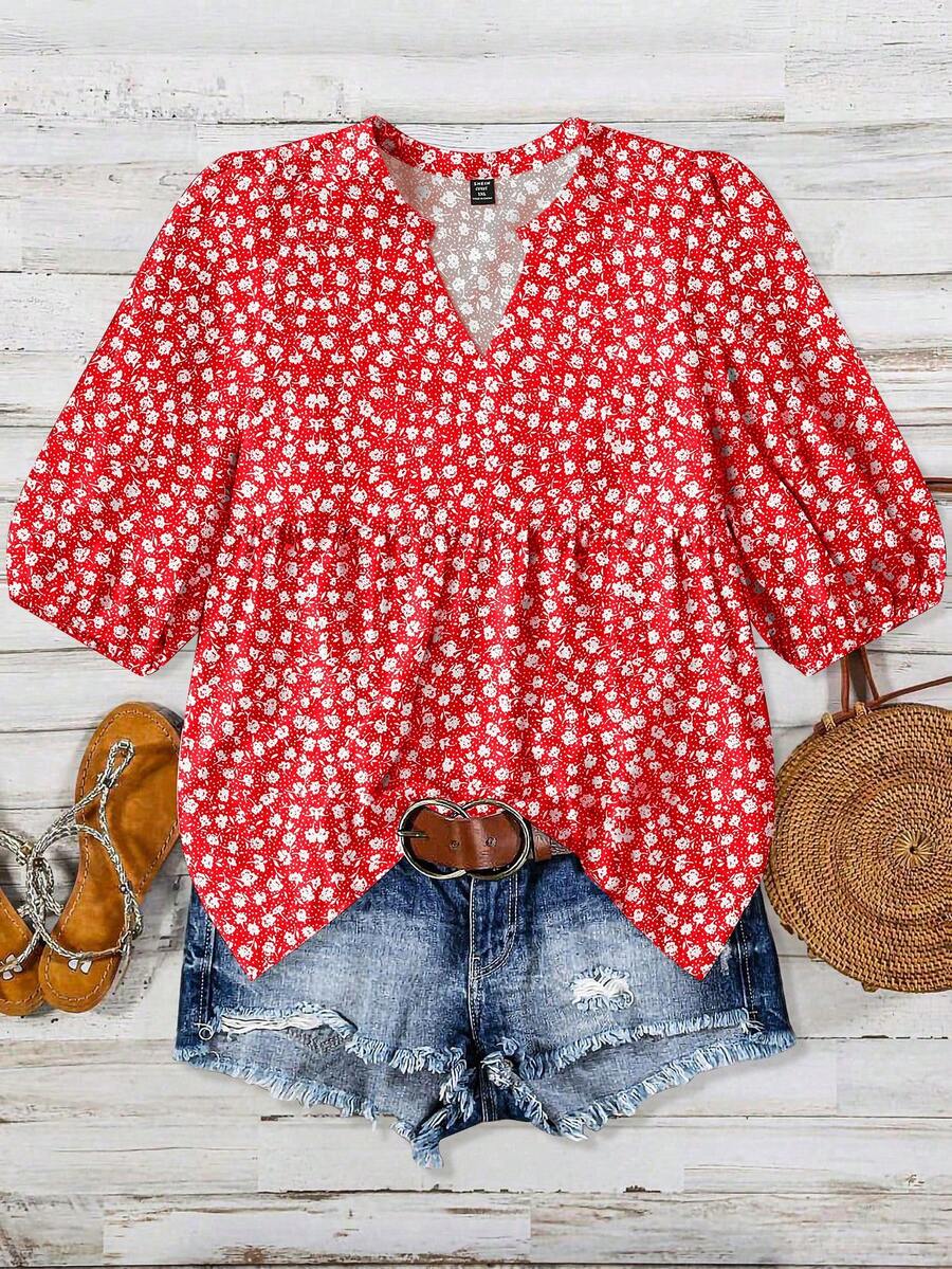 Linhara Plus Size Women V-Neck Printed Blouse, Summer Women Outfit - Red - View 1
