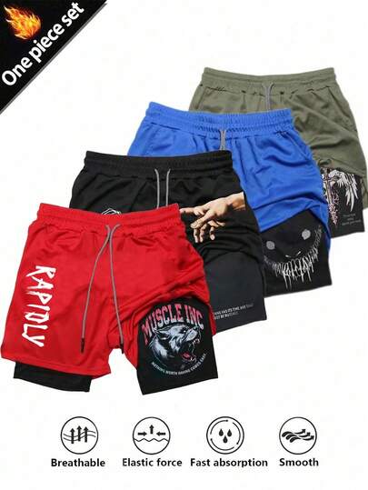 Manfinity Sport Corelite Pantalones cortos deportivos casuales para hombres con estampado de letras y cintura con cordón, para verano