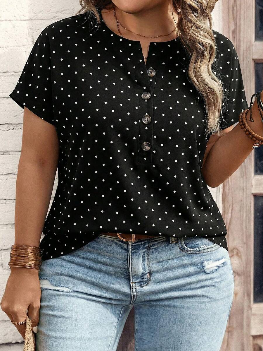 EMERY ROSE New Arrival Women's Polka Dot Print Button-Up V-Neck Short Sleeve Plus Size T-Shirt, Popular For Spring/Summer - Multicolor - View 1