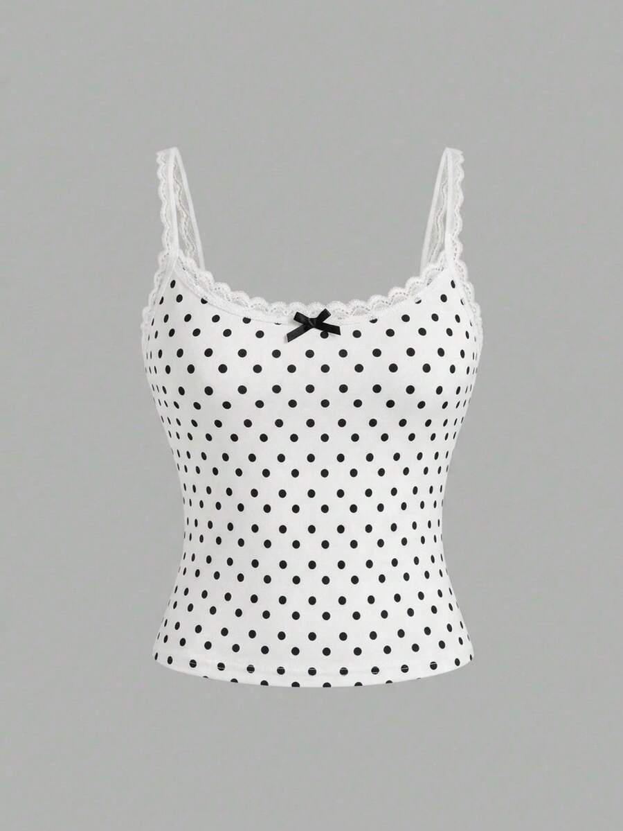 SHEIN Débardeur à pois en dentelle française pour préadolescentes, design vintage français, convient pour les occasions décontractées, à la maison, à la plage, en extérieur l'été - Noir et Blanc - Voir 1