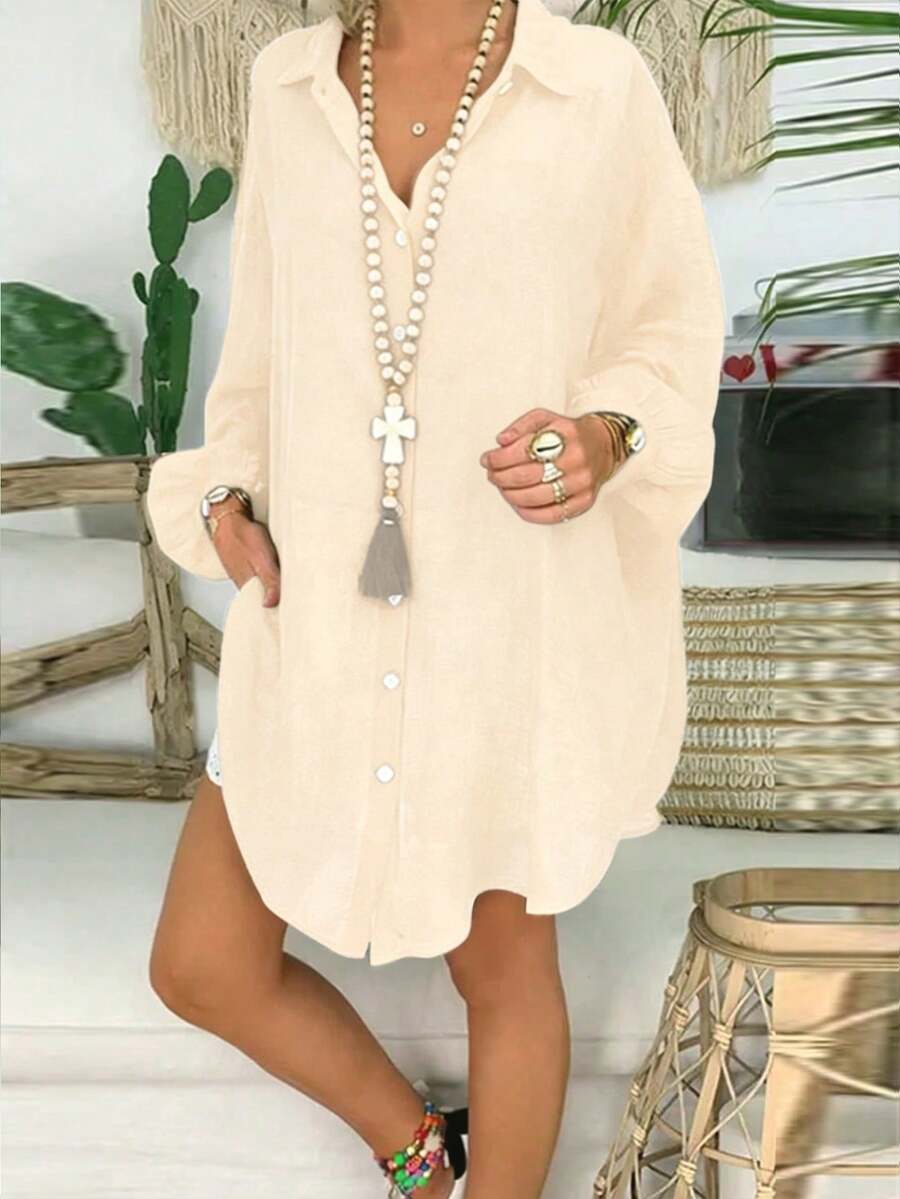 INAWLY Solva Plus Size Women Solid Color Single-Breasted Casual Versatile Daily Wear Shirt - Beige - View 1