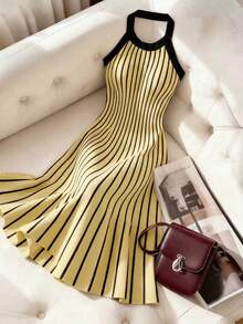 Franclia 女士条纹吊带优雅束腰针织连衣裙，适合派对和旅行穿着。 - 鵝黃色 - 查看 1