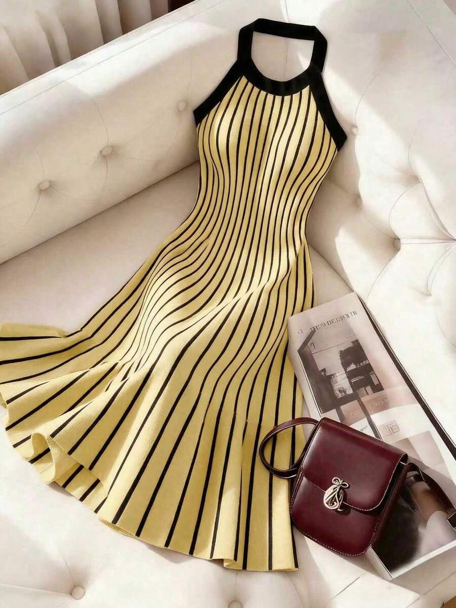 Franclia 女士条纹吊带优雅束腰针织连衣裙，适合派对和旅行穿着。 - 鵝黃色 - 查看 1